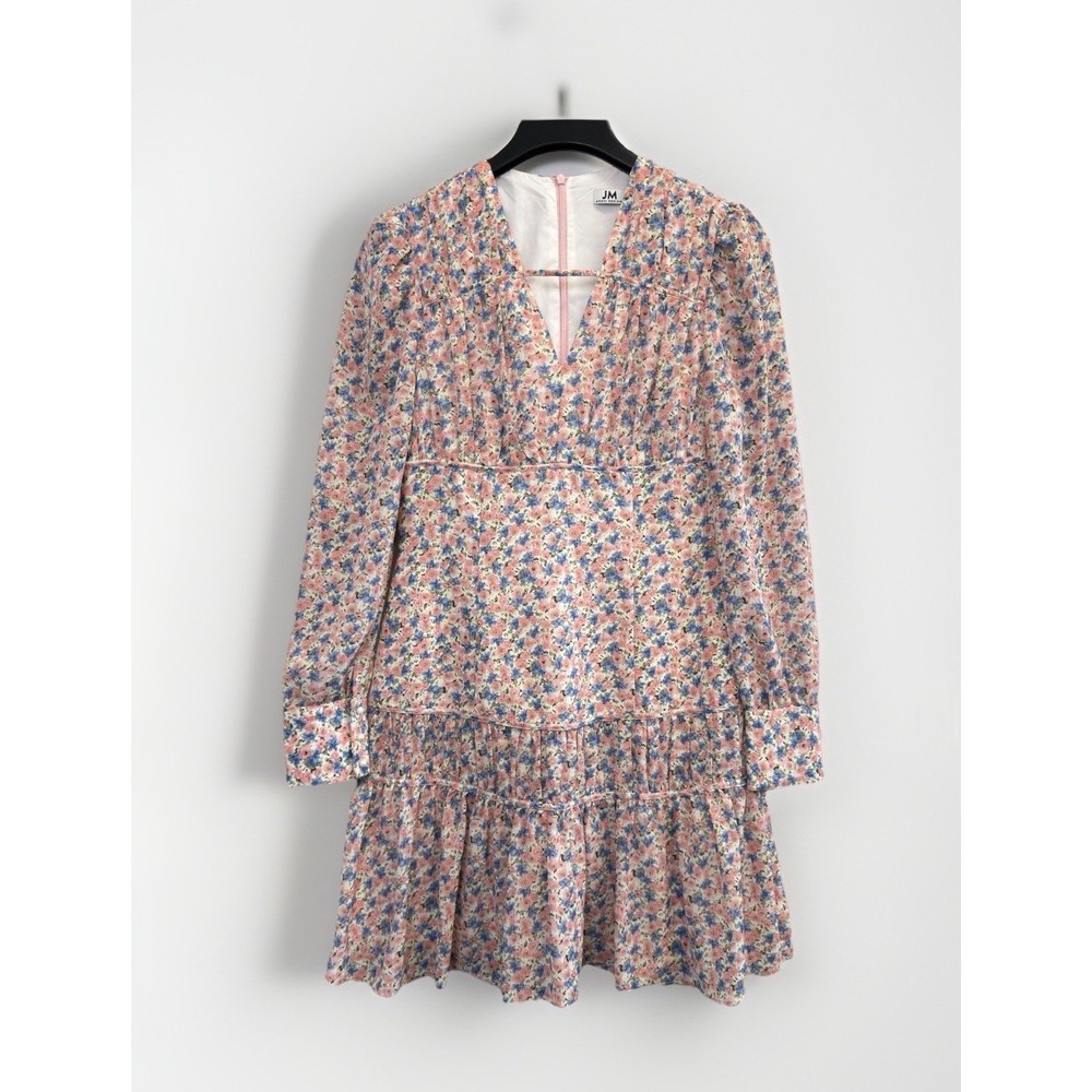 JM Dress Design Women's L Long‎ Sleeve Ruched Dress Pink Blue Floral Lined